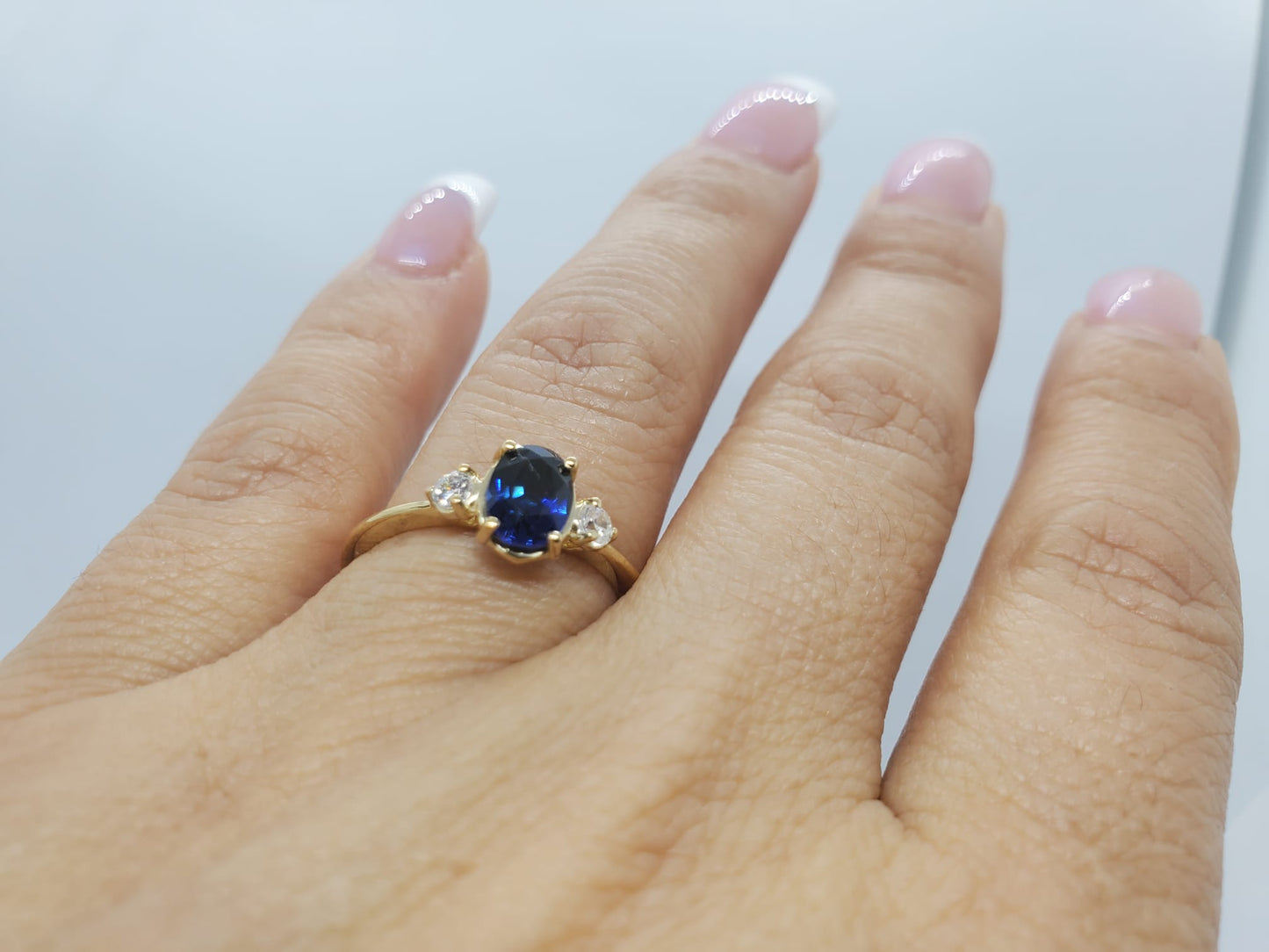 14K Yellow Gold Band Ring with SAPPHIRE and 2 Diamonds, Stone Mounted 4 Pron