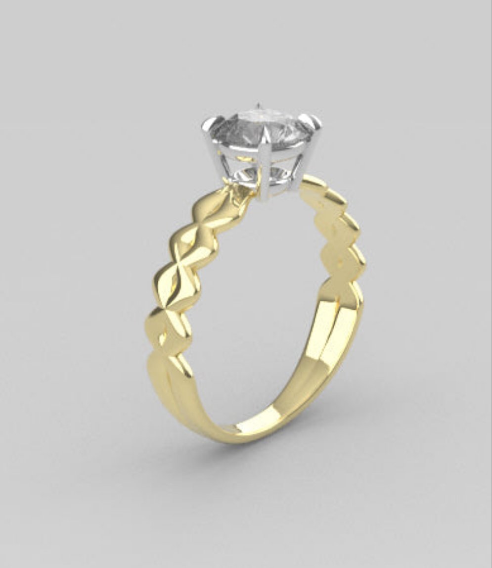 Gold engagement ring with 1.00 ct Diamond VS1, stt prongs, band twisted