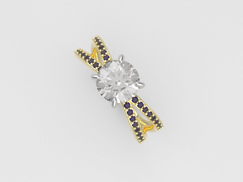 14K gold Ring with Diamond VS1 and Amethyst, "cross" "prong"
