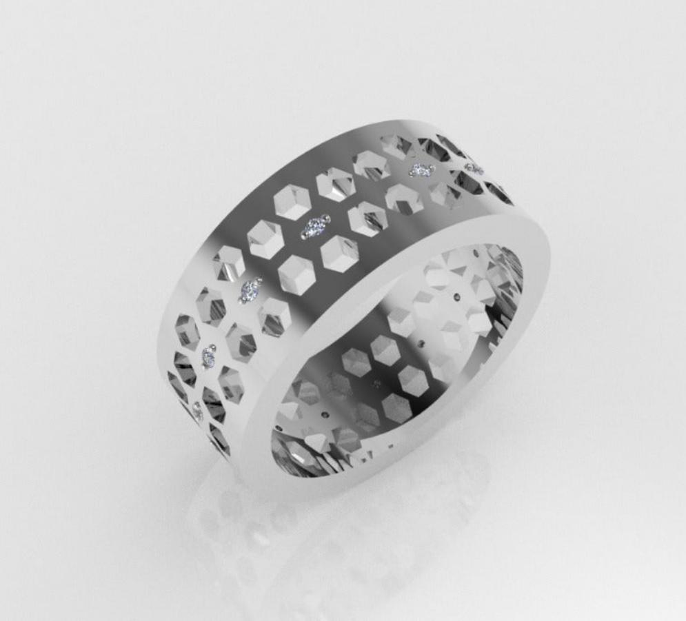 14k yellow gold band Ring with 14 Diamonds, "be hive style" "stt 2 prongs"
