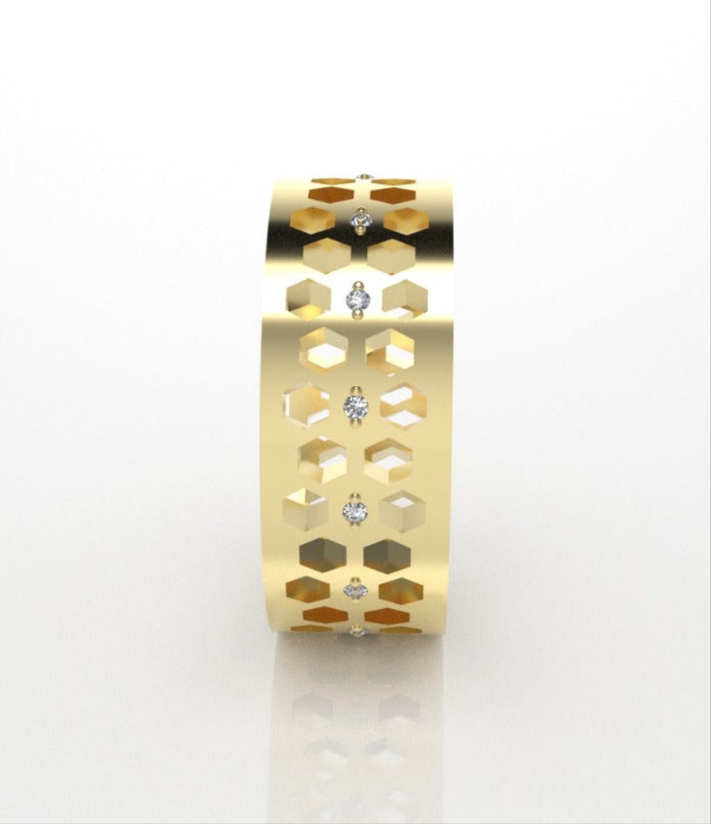 14k yellow gold band Ring with 14 Diamonds, "be hive style" "stt 2 prongs"