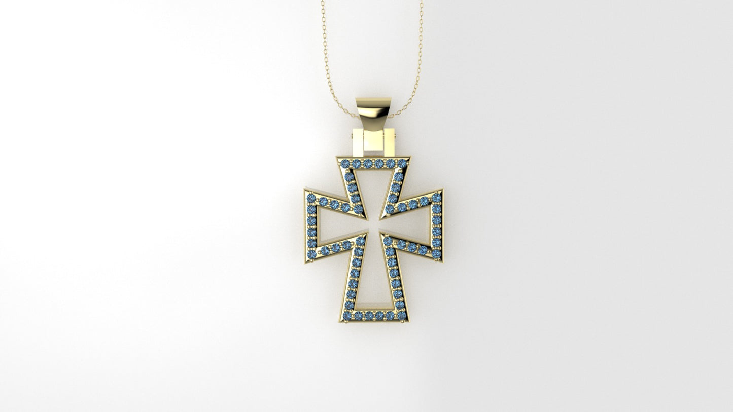 14K Pendant with 58 Blue Topaz 1mm each, "Cross Style", Only Pendant