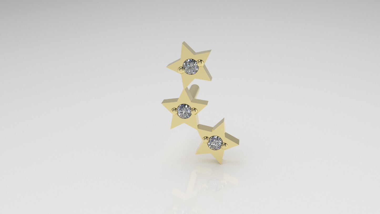 14K Ear Piercing with 3 Diamonds, Style 3 stars that form a semicircle