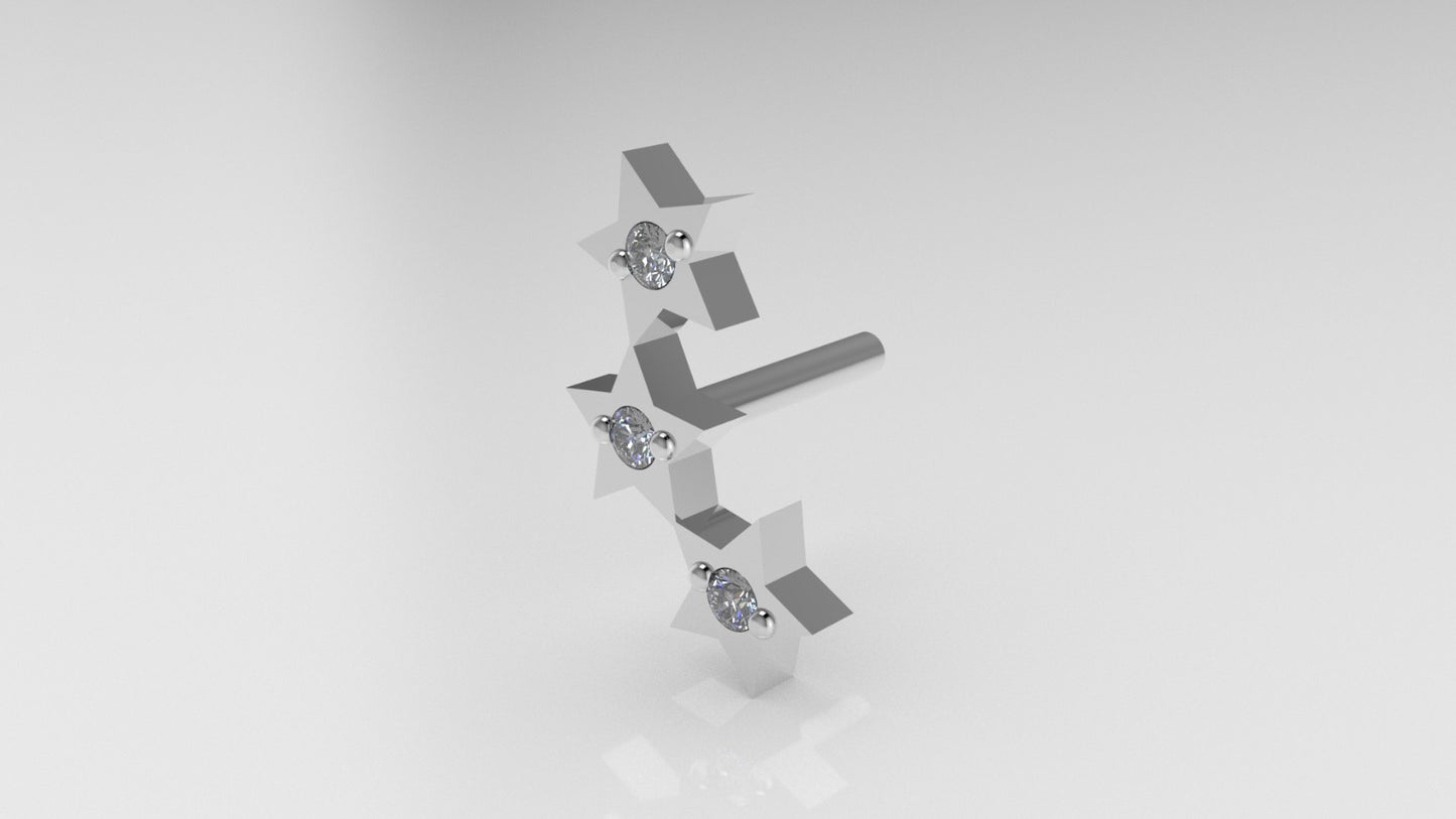14K Ear Piercing with 3 Diamonds, Style 3 stars that form a semicircle