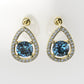 Gold Earrings with 2 BLUE TOPAZ 6.5mm each and 52 DIAMOND 1.2mm VS1 each, "stt Prongs"