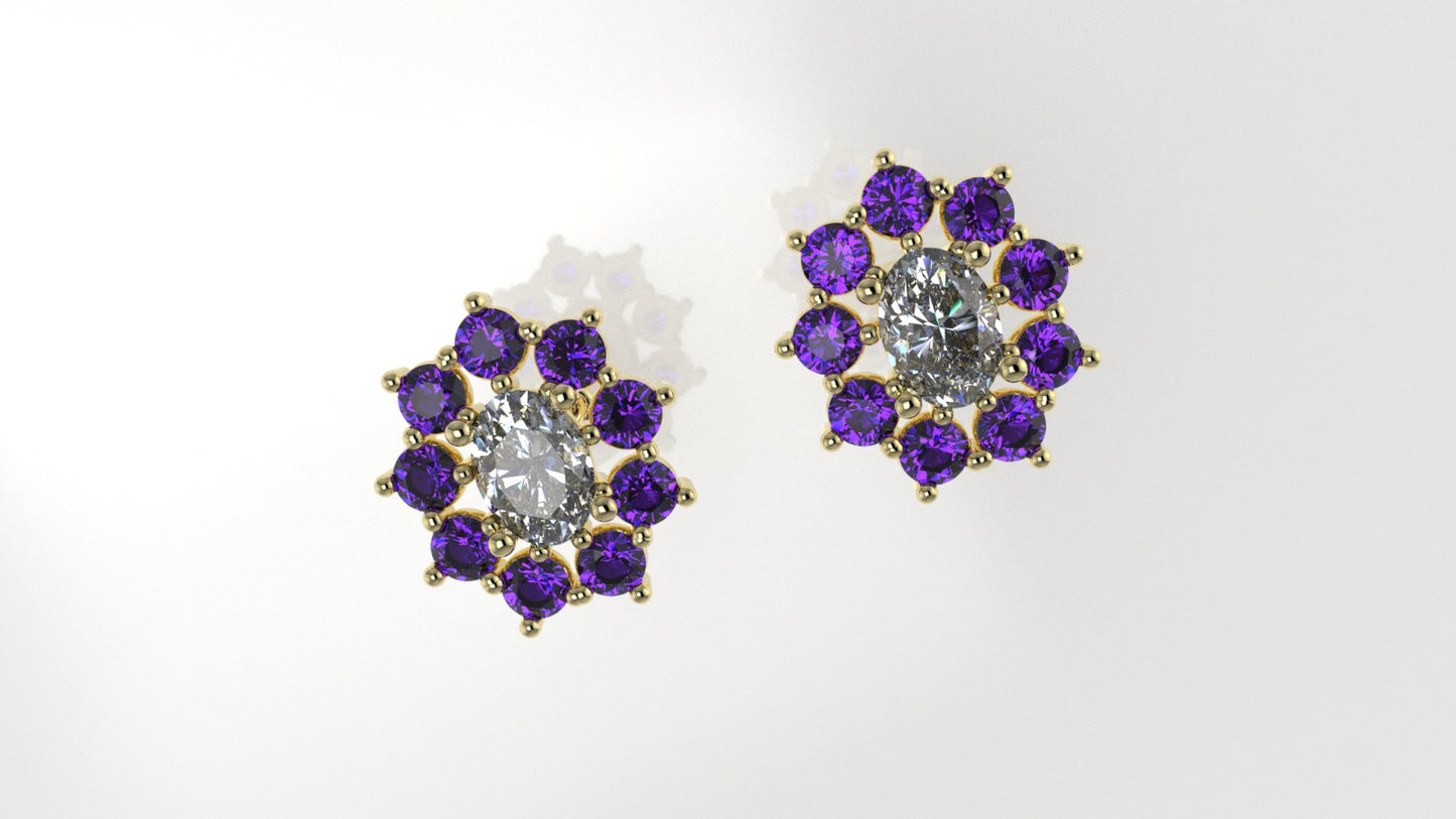 Gold Push Bag Earrings with 2 DIAMOND VS1 and 18 AMETHYST, "Flower style, Stt Prongs"