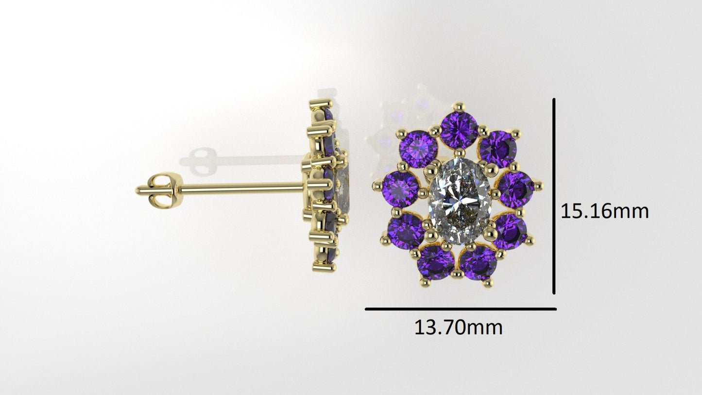 Gold Push Bag Earrings with 2 DIAMOND VS1 and 18 AMETHYST, "Flower style, Stt Prongs"