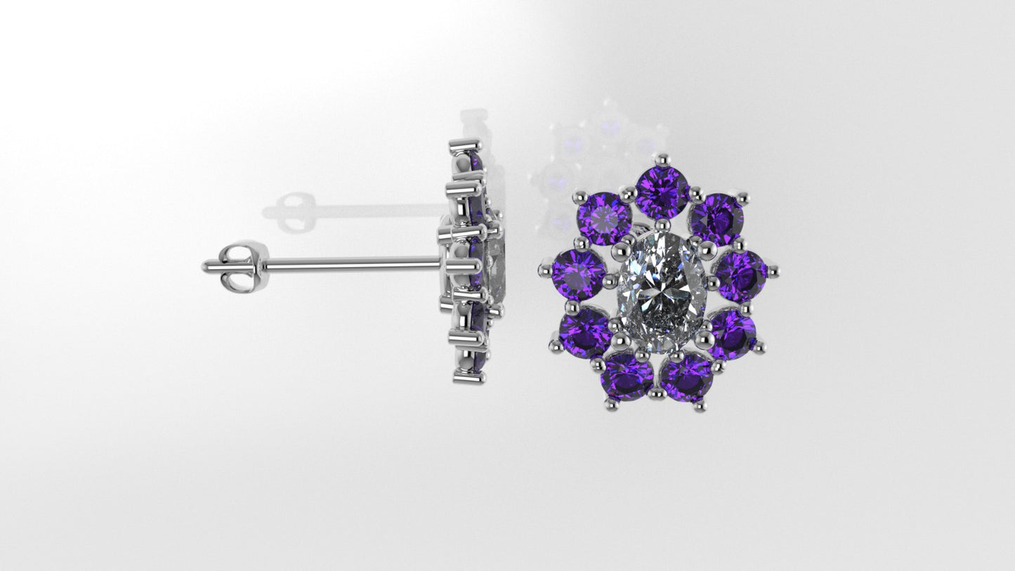Gold Push Bag Earrings with 2 DIAMOND VS1 and 18 AMETHYST, "Flower style, Stt Prongs"