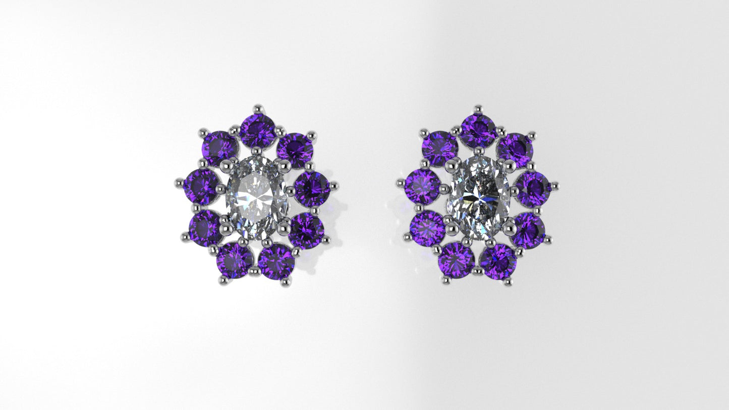 Gold Push Bag Earrings with 2 DIAMOND VS1 and 18 AMETHYST, "Flower style, Stt Prongs"