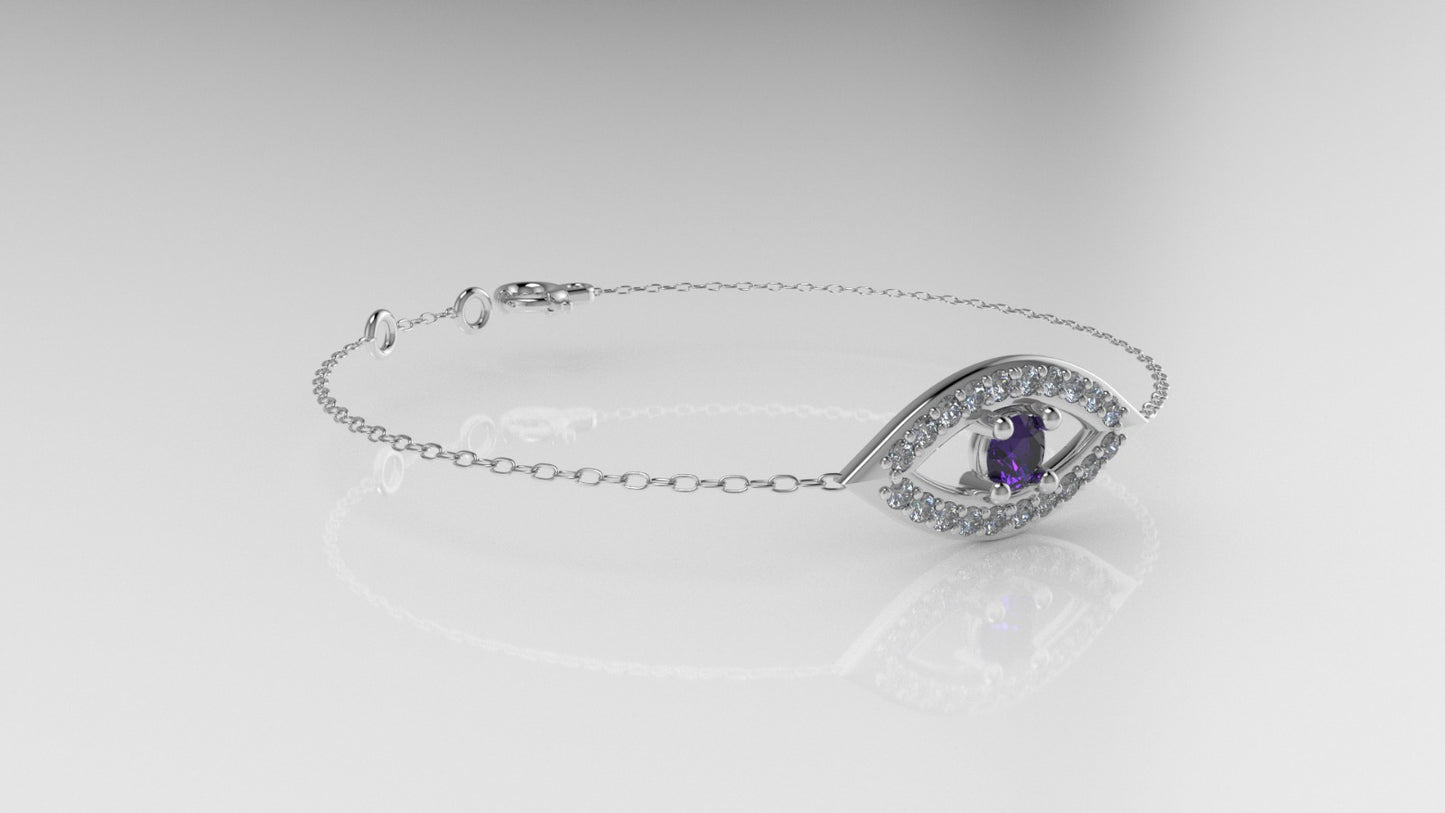 14k Bracelet with 20 DIAMOND VS1 and 1 AMETHYST, lucky eye style