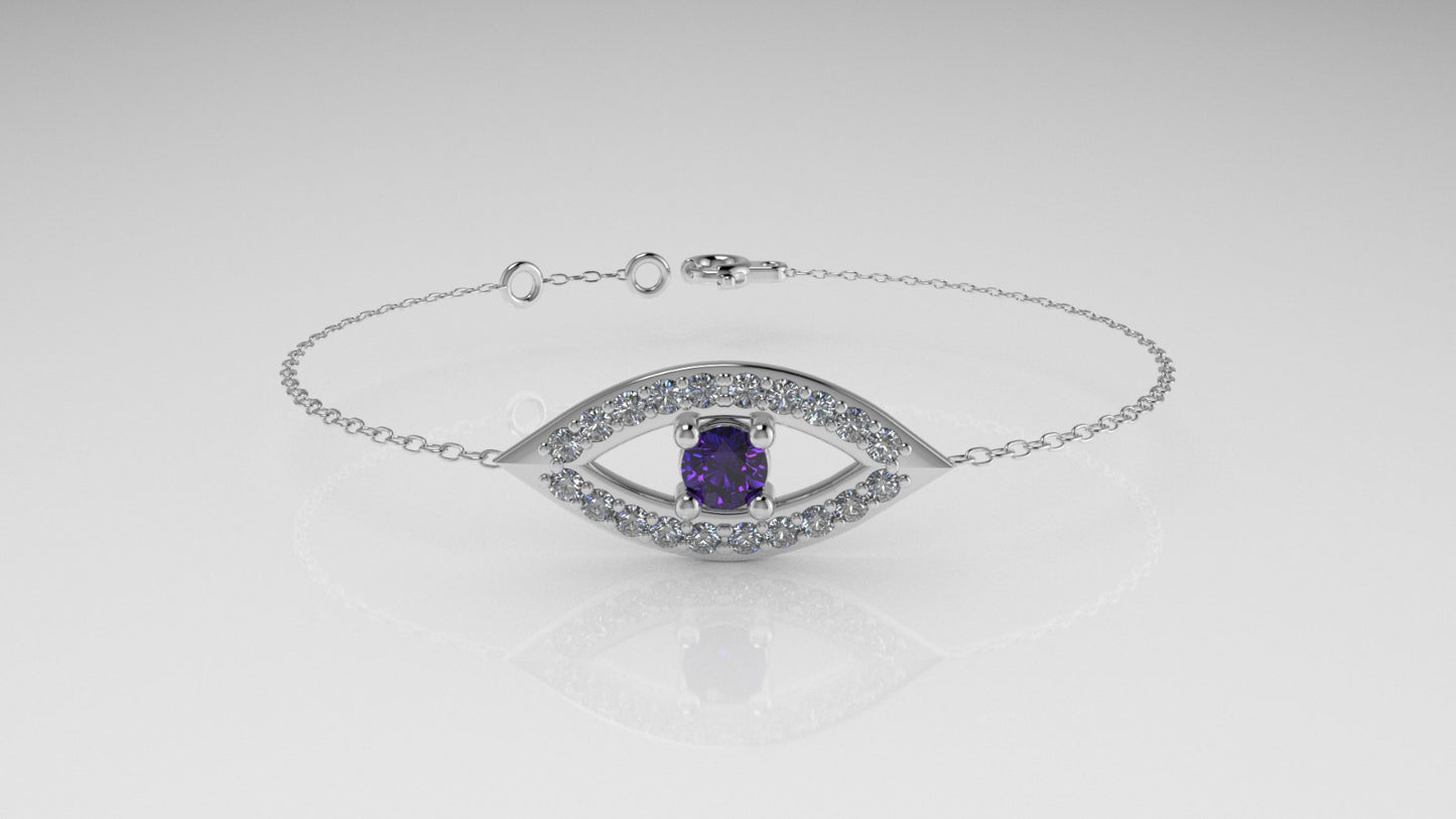 14k Bracelet with 20 DIAMOND VS1 and 1 AMETHYST, lucky eye style