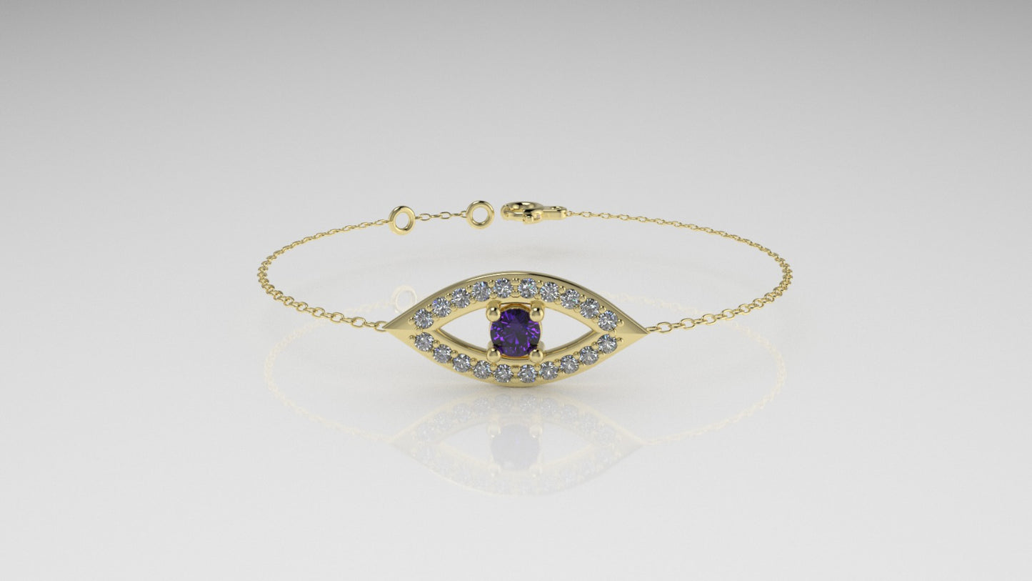 14k Bracelet with 20 DIAMOND VS1 and 1 AMETHYST, lucky eye style