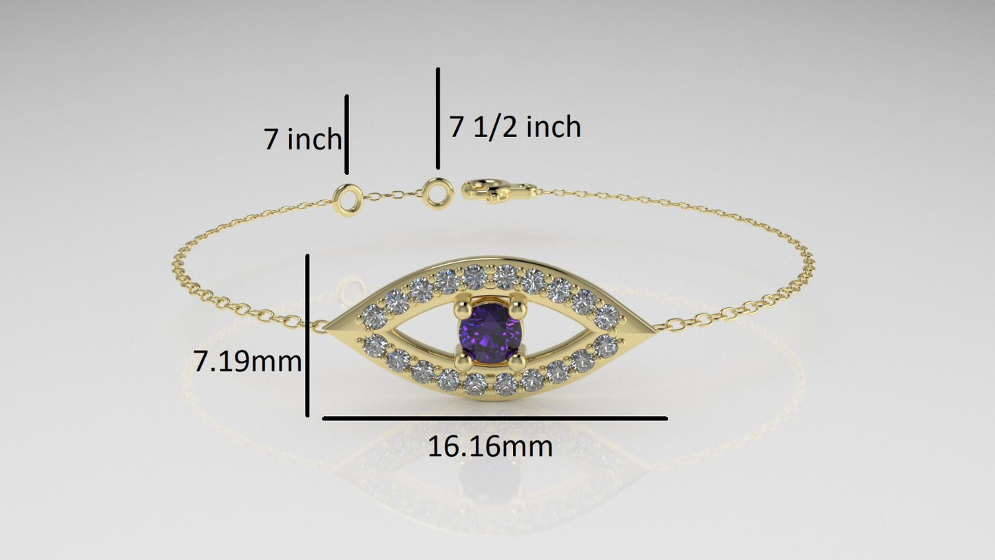 14k Bracelet with 20 DIAMOND VS1 and 1 AMETHYST, lucky eye style