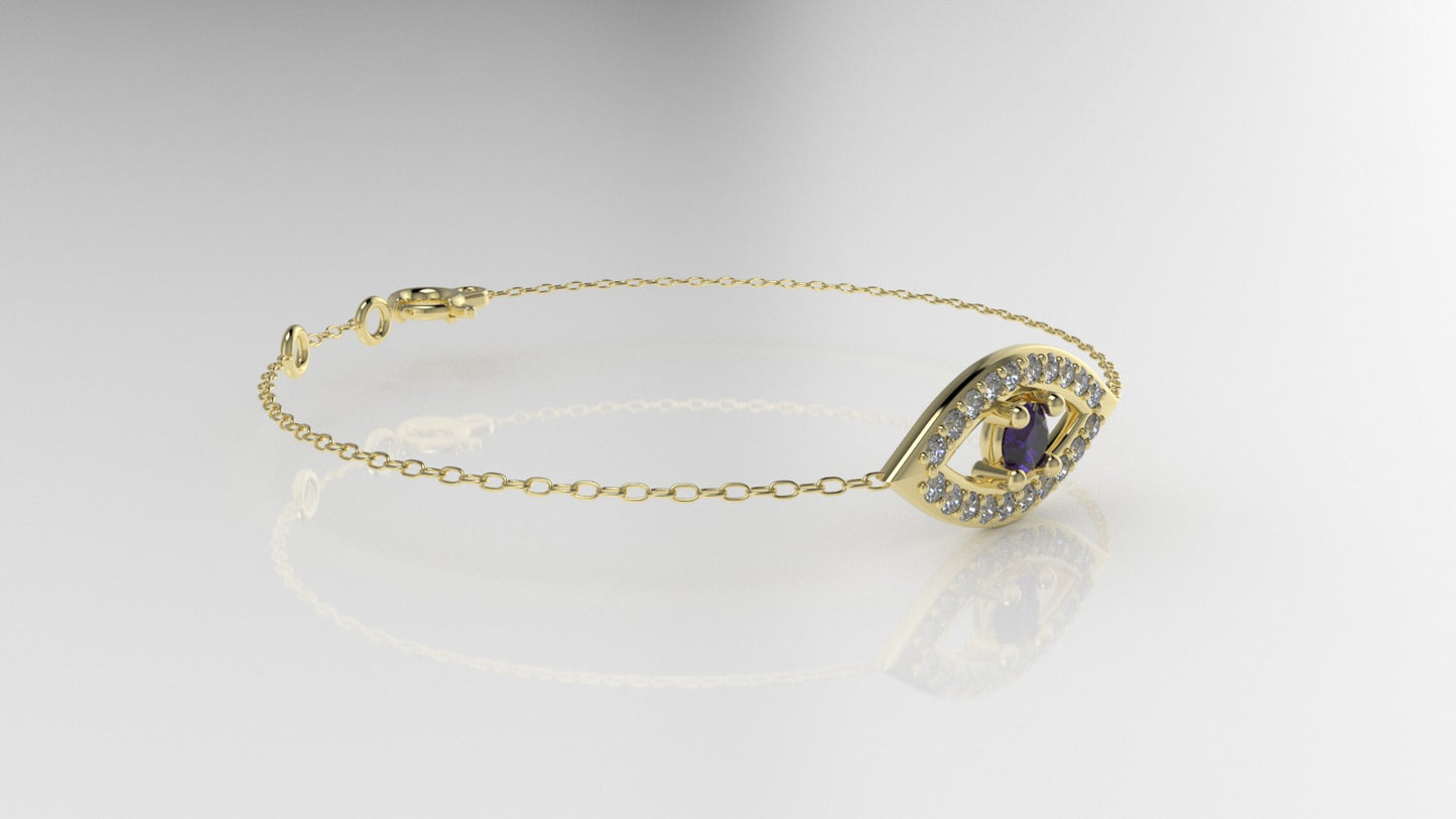 14k Bracelet with 20 DIAMOND VS1 and 1 AMETHYST, lucky eye style