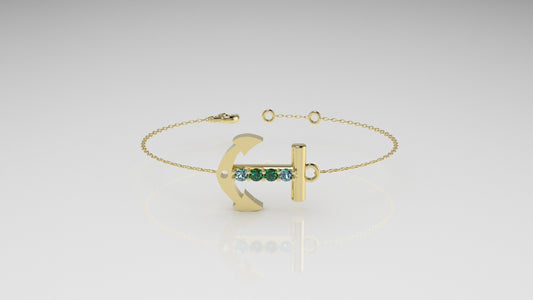 14k Bracelet with 2 AQUAMARINE and 2 EMERALD, "boat anchor style"