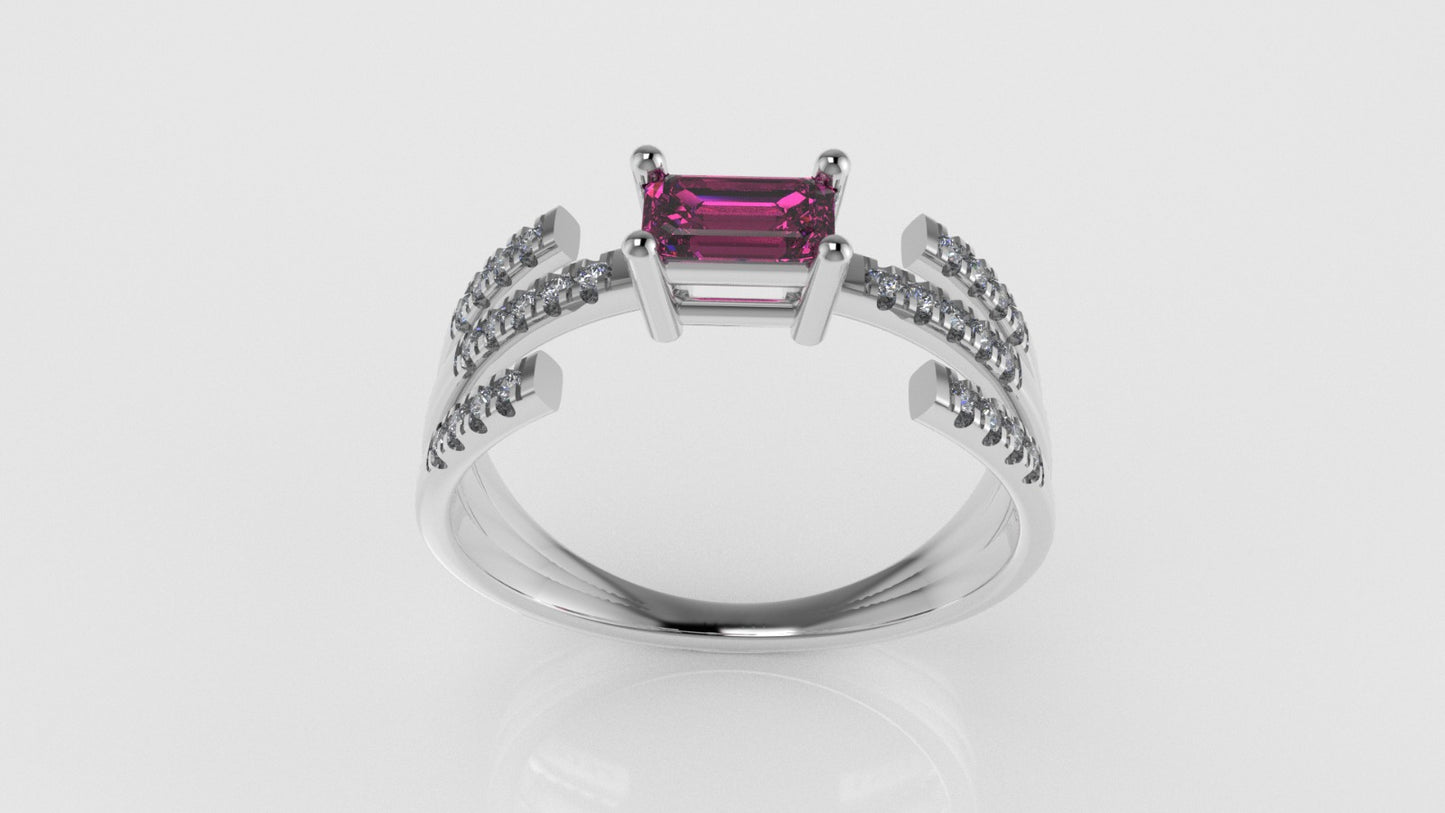 14K Ring with 1 TOURMALINE PINK and 26 MOISSANITE, stt prong, cut split