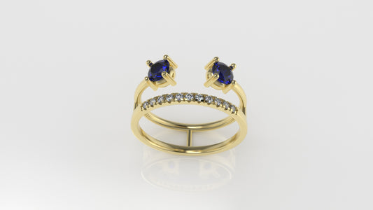 14K Ring with 2 BLUE SAPPHIRE 4.00mm and 11 DIAMONDS 1.3mm VS1, "Cut Split"