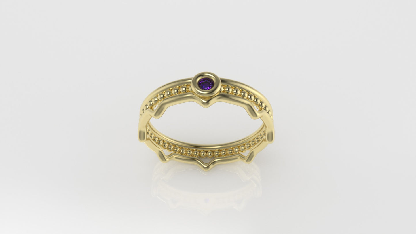 14K solitaire Ring with 1 AMETHYST 2.00mm, band with point, miligrane, stt bezel