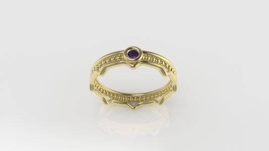 14K solitaire Ring with 1 AMETHYST 2.00mm, band with point, miligrane, stt bezel