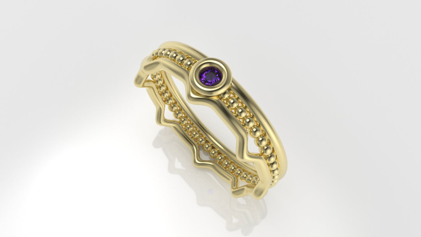 14K solitaire Ring with 1 AMETHYST 2.00mm, band with point, miligrane, stt bezel