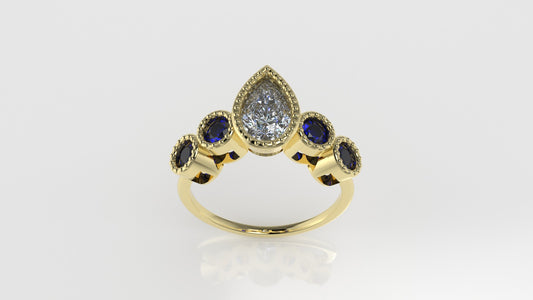14K Yellow Gold Ring with 1 DIAMOND PEAR and 4 SAPPHIRE, "setting bezel with Filigree"