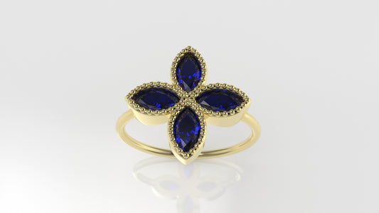 14K gold Ring with 4 MARQUISE SAPPHIRE, stt bezel with Filigree