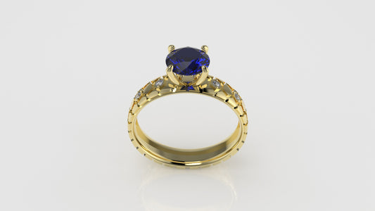 14K Solitaire Engagement Ring with 1 SAPPHIRE and 4 DIAMONDS VS1, "Rim Shape with stt prong"