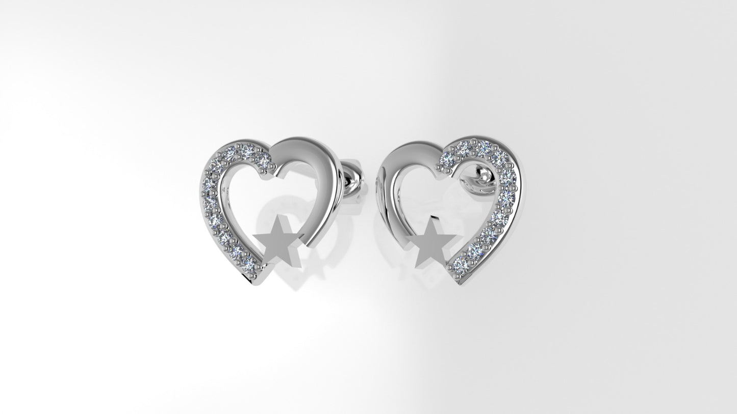 Push Back Gold Earrings with 20 DIAMONDS VS1, "Hearts and Stars" "Stt: Prongs"