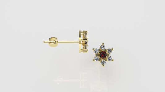 14k Push Back Earrings with 12 DIAMONDS 2mm VS1 each and 2 RUBY 3mm each, " Stt: Prongs"