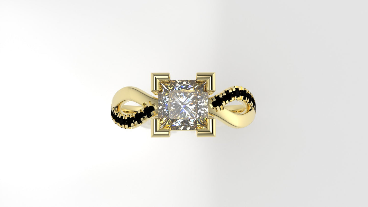 14K Gold Ring with 16 BLACK DIAMONDS, 1 DIAMOND, "Stt SPLIT"