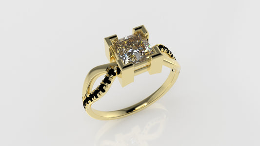 14K Gold Ring with 16 BLACK DIAMONDS, 1 DIAMOND, "Stt SPLIT"