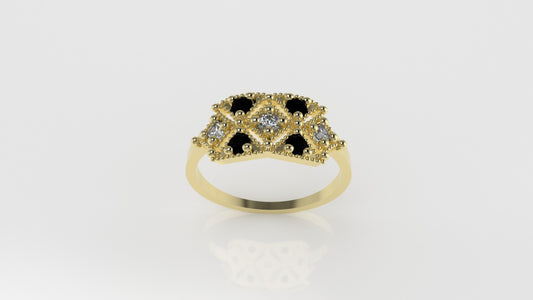 14K Ring with 4 BLACK DIAMONDS, 3 DIAMONDS, "Stt Prong" "FILIGREE"