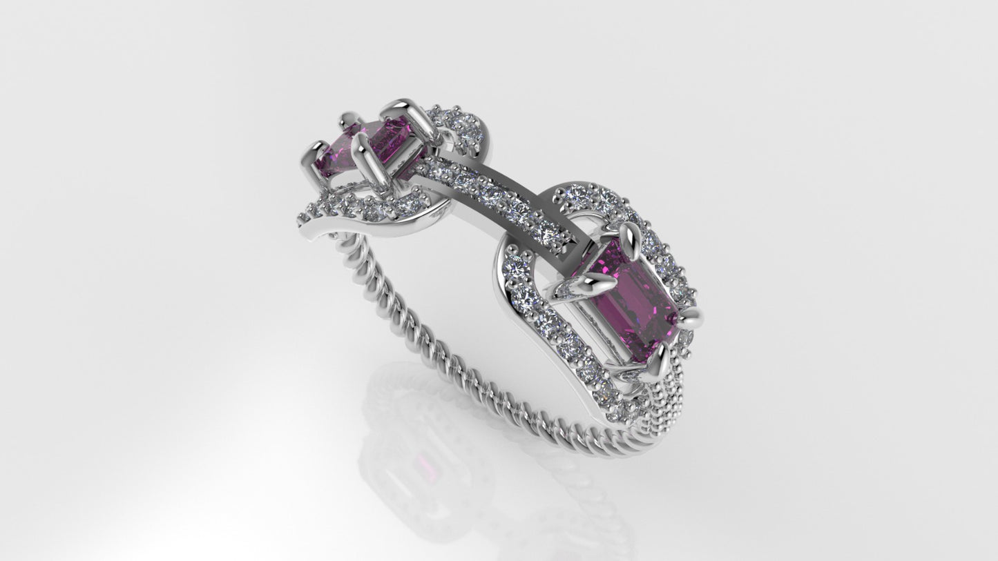 14K Ring with 37 DIAMONDS and 2 TOURMALINE, "FILIGREE", STT PRONG, Rope Style, Cut Chanel