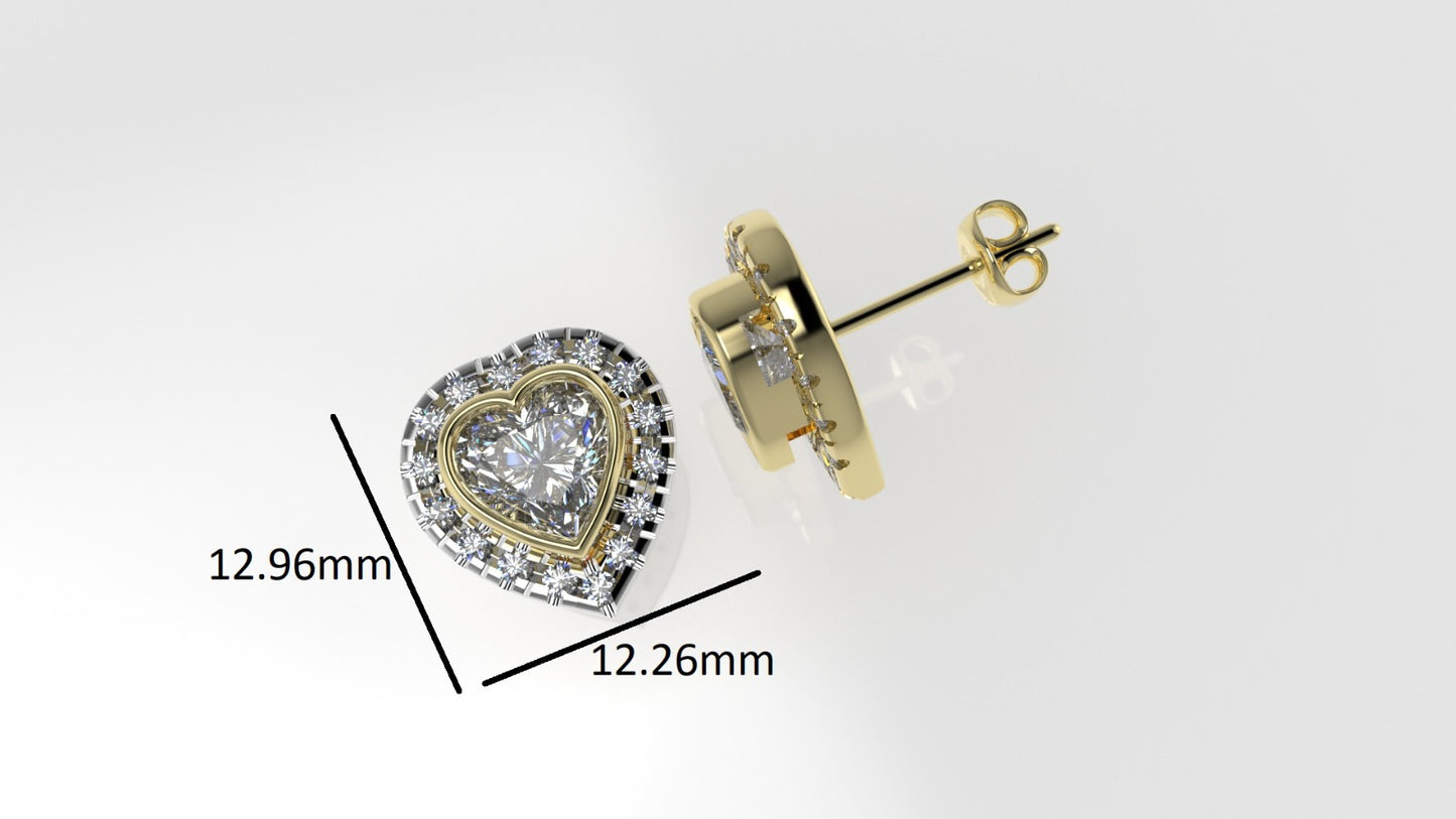 14k Gold Earrings with 34 STONES VS1, "Stt: Bezel", Cut Split, Heart Style
