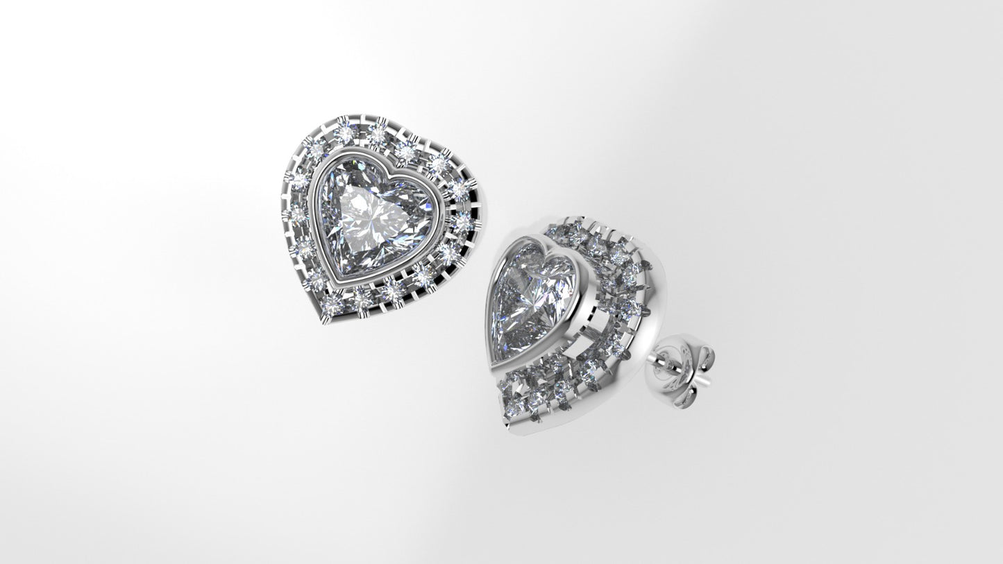 14k Gold Earrings with 34 STONES VS1, "Stt: Bezel", Cut Split, Heart Style