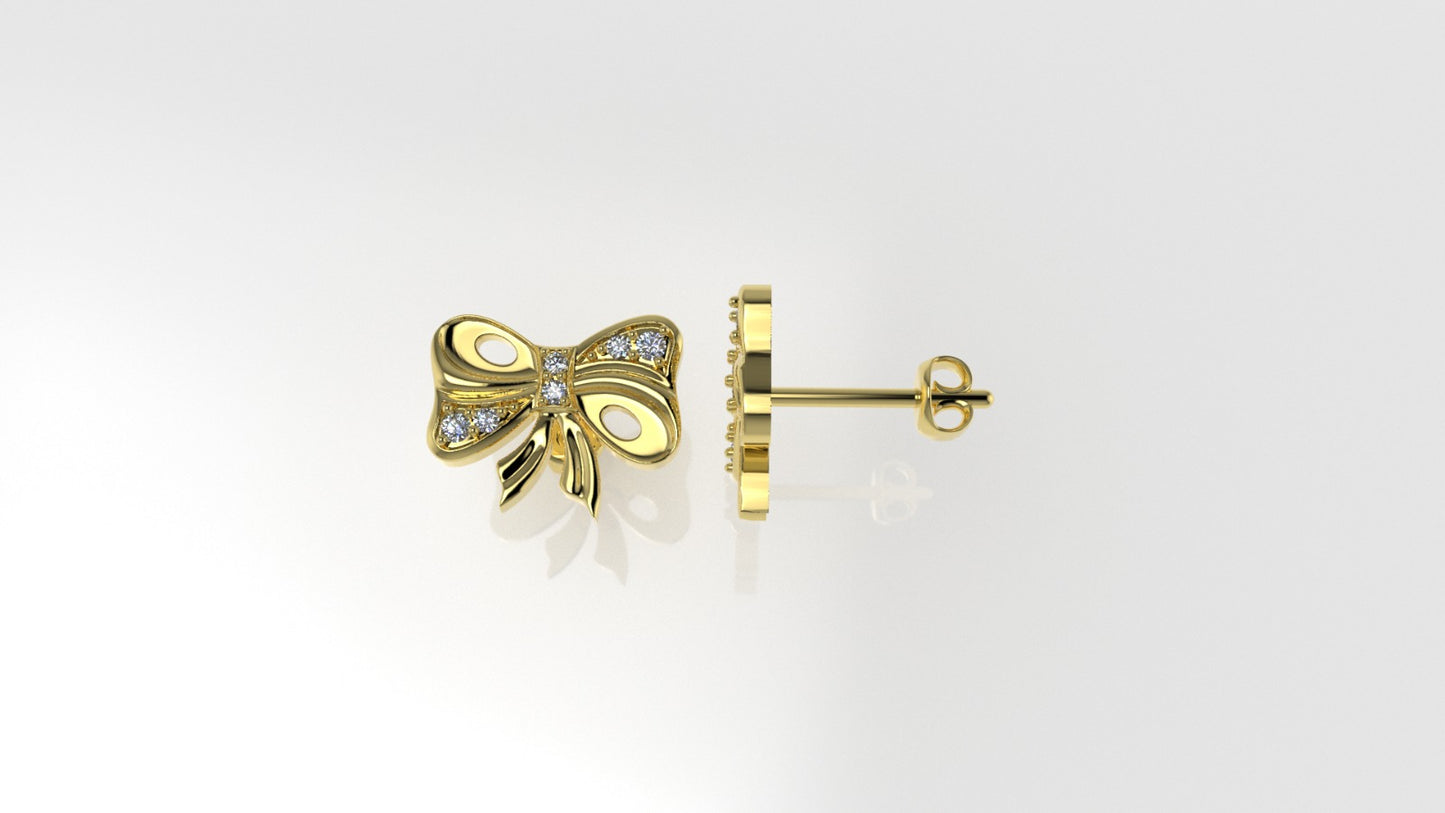 14k Gold Earrings with 12 DIAMONDS, "STT: Prong", Push Back, Bow Style