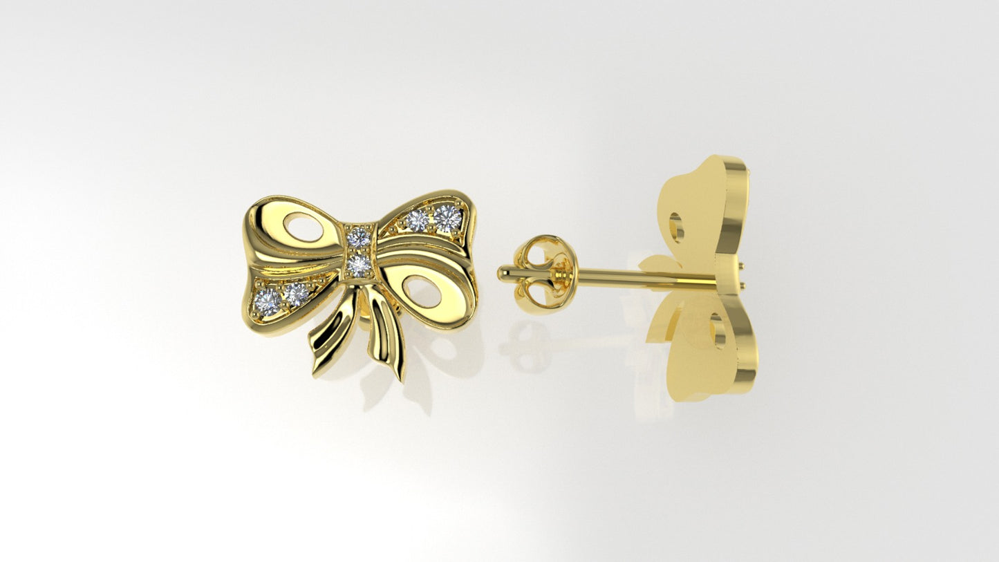 14k Gold Earrings with 12 DIAMONDS, "STT: Prong", Push Back, Bow Style