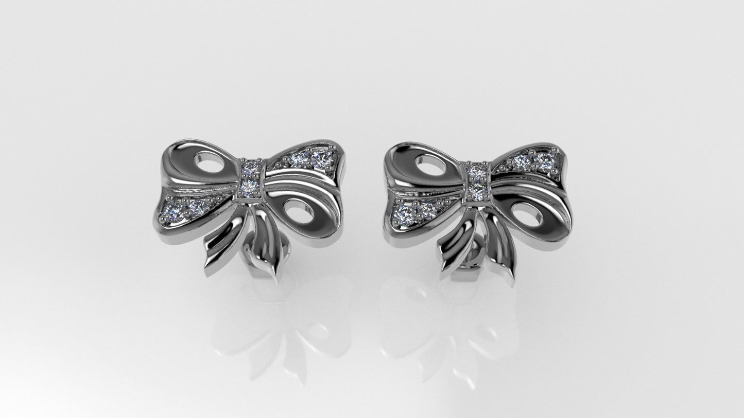 14k Gold Earrings with 12 DIAMONDS, "STT: Prong", Push Back, Bow Style