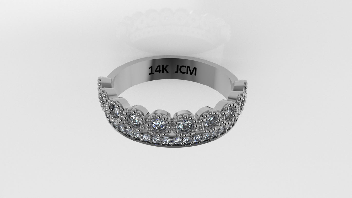 14K Gold Band Ring with 32 Diamonds, STT: Prong and Bezel, FILIGREE, cut Chanel