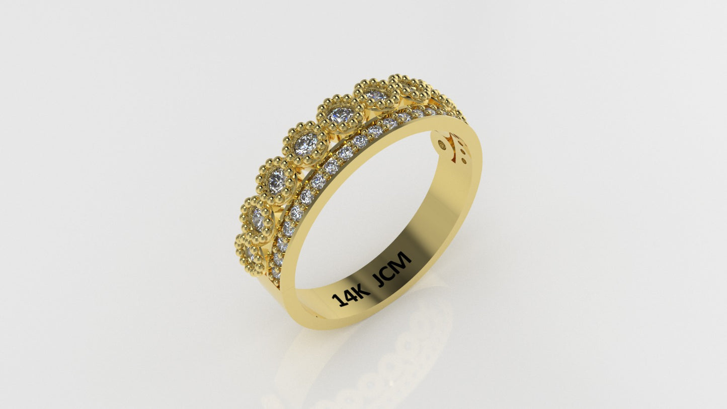 14K Gold Band Ring with 32 Diamonds, STT: Prong and Bezel, FILIGREE, cut Chanel
