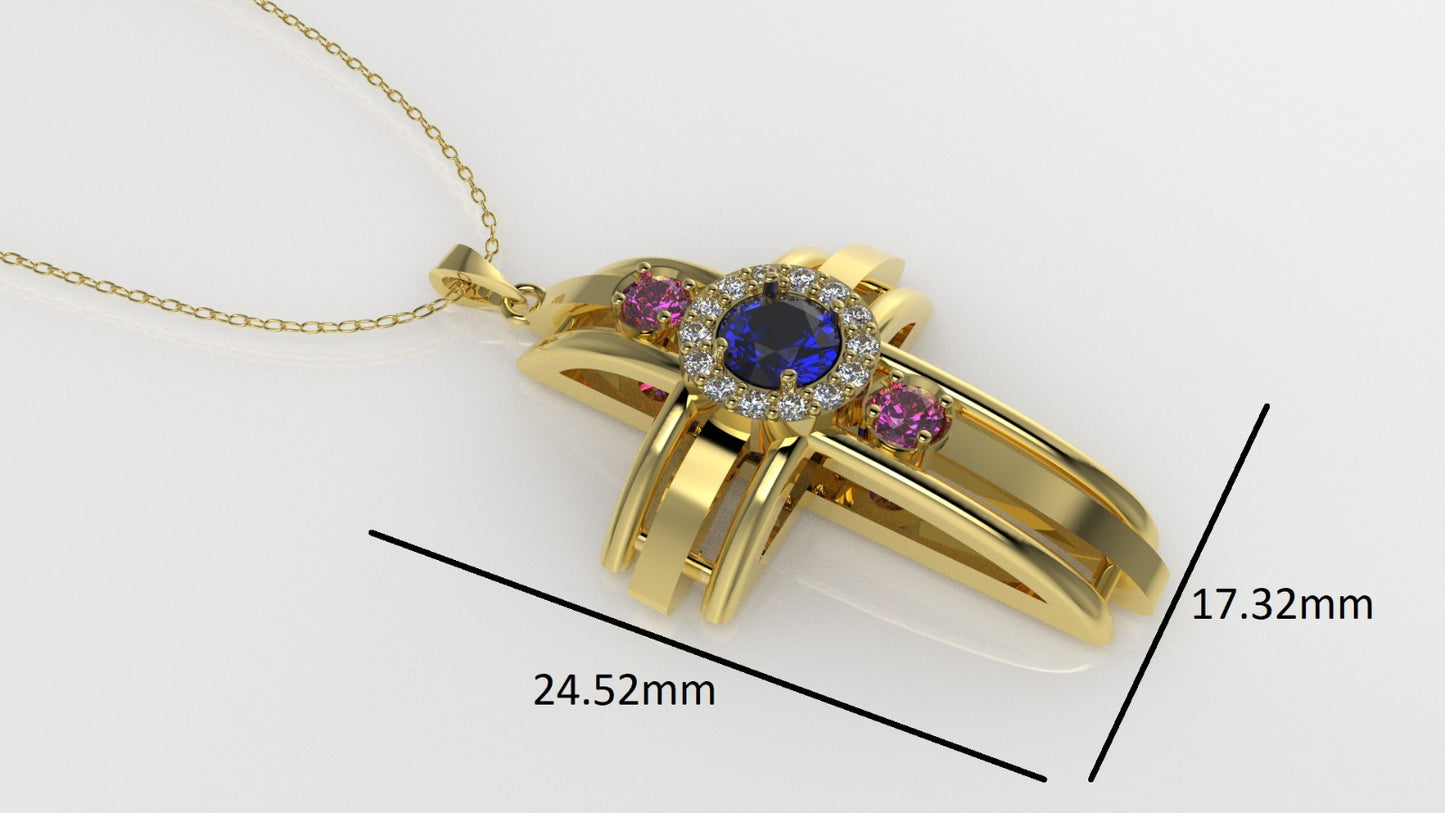 14K Gold Pendant with 17 Stones, STT: Prong, Cross Style, Only Pendant