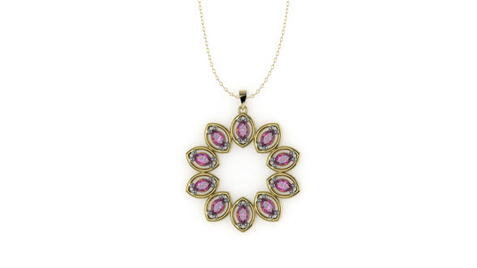 14K Gold Pendant with 10 PINK MARQUISE TOURMALINE, STT: 2-Prong, Circle Style, Only Pendant