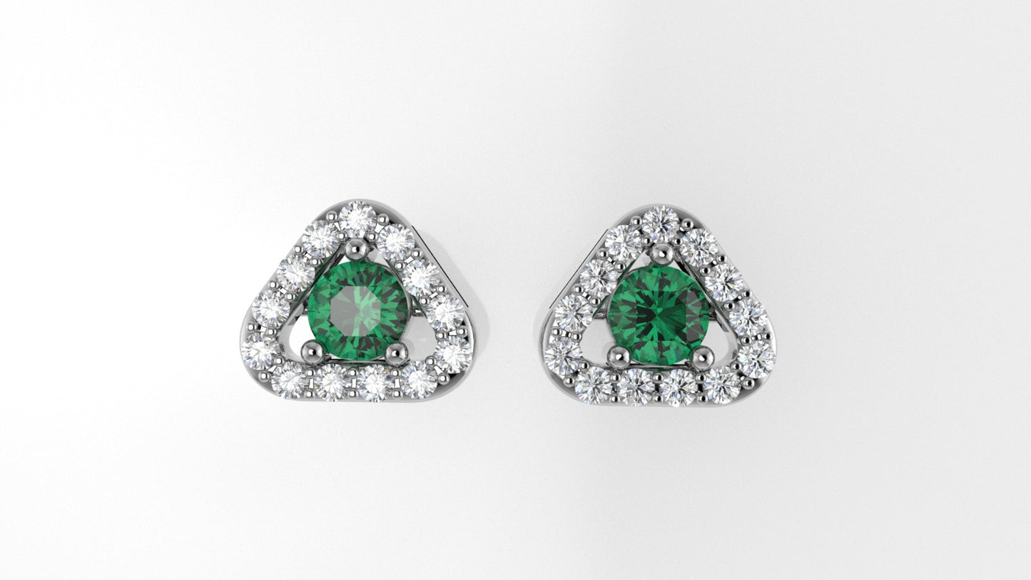 14K Gold Earrings with 26 Diamonds and 2 Emerald, "STT: Prong", Push Back