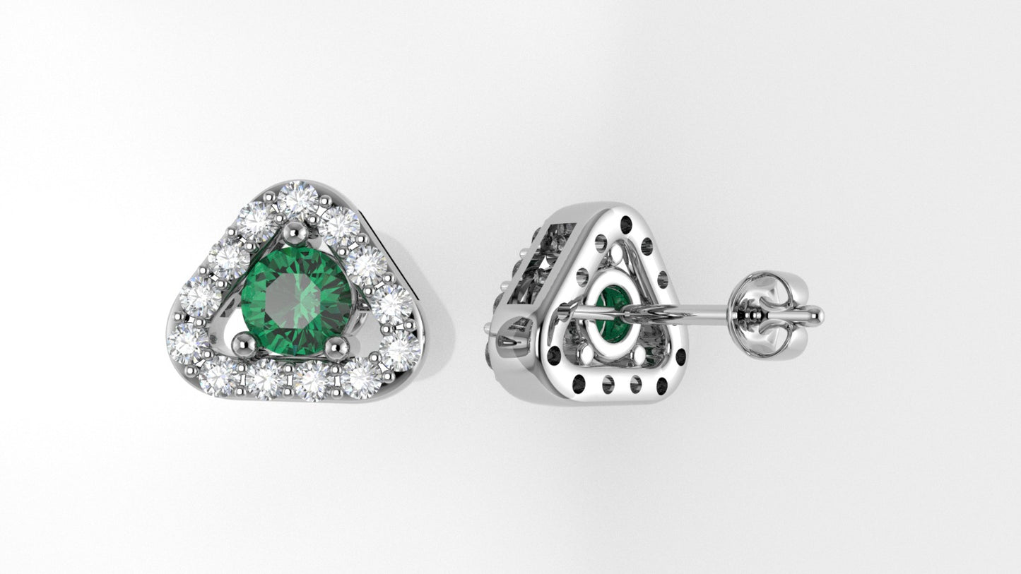 14K Gold Earrings with 26 Diamonds and 2 Emerald, "STT: Prong", Push Back