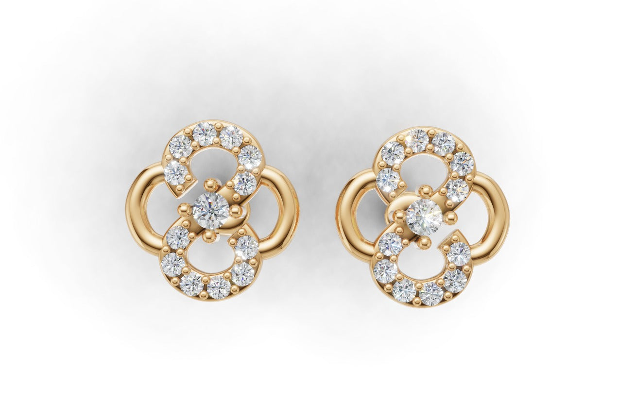 14K Gold Earrings Clover with 26 Diamonds, "STT: Prong", Push Back