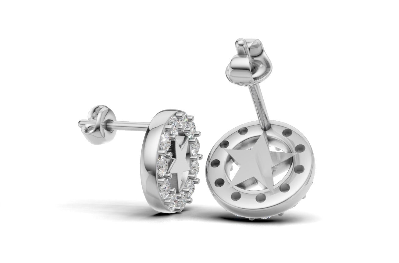 14K Gold Earrings Circle and Star with 22 Diamonds, "STT: Prong", Push Back