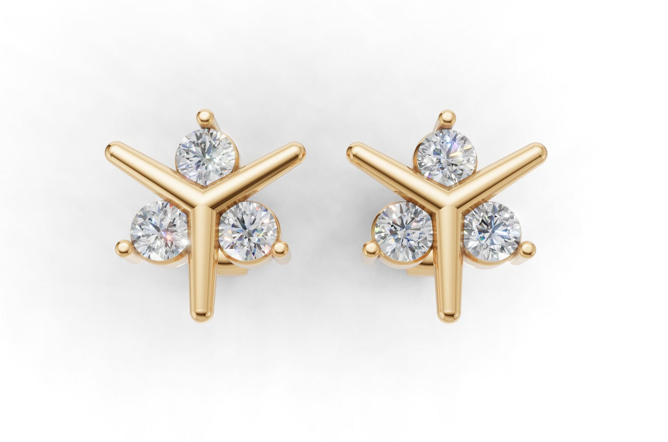 14K Gold Earrings with 6 Diamonds, "STT: 1-Prong and Bezel", Push Back