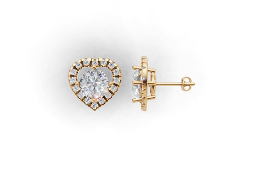 14k Gold Earrings Heart with 34 Diamonds, "STT: 4-Prong", Push Back, Cut Split