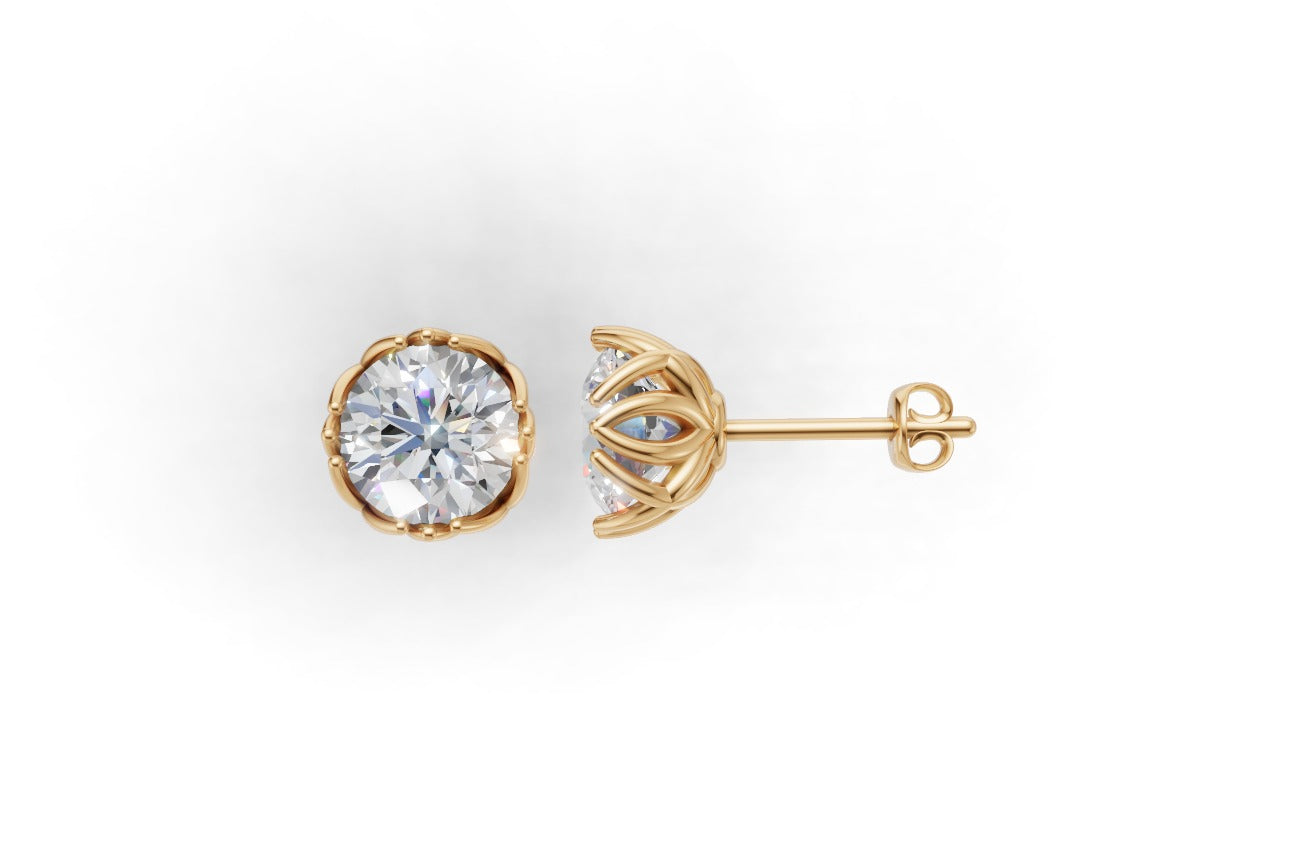 14K Gold Earrings Solitaire with 2 Diamonds, "STT: Prong", Push Back