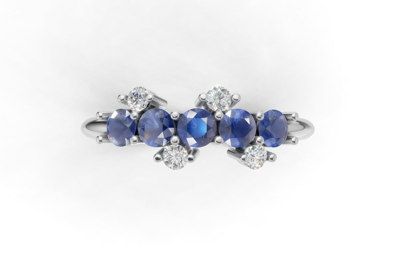 14K Gold Ring with 5 Sapphire and 4 Diamonds, STT: Prong